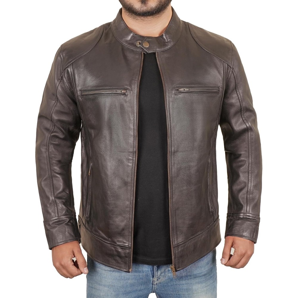 Storejees Mens Dark Brown Leather Cafe Racer Motorcycle Jacket Quilted Lining